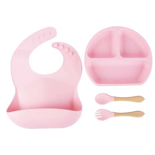 2 Set(4PCS/Set) Pack Silicone Baby Feeding Set Baby Led Weaning Supplies Includes Suction Divided Plates Soft Bowl Spoons Forks Adjustable Bib Snack Cup and Straws for Baby