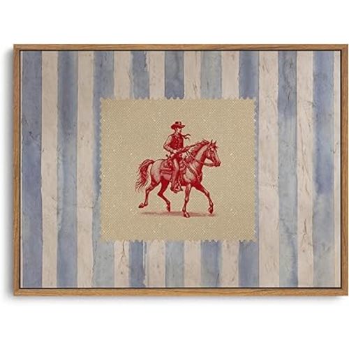 ZZLWBKGL Vintage Western Framed Wall Art Farmhouse Striped Cowboy Canvas Wall Art Retro Country West Stamp Pictures Decor Mid Century Trendy Art Prints for Living Room Bedroom
