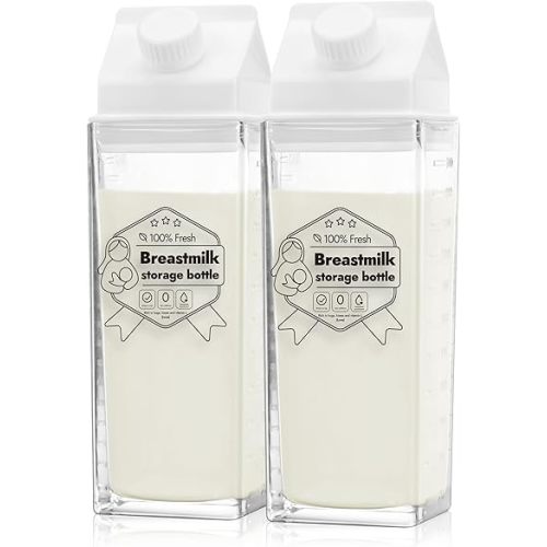 Papablic Glass Breastmilk Pitcher, Baby-Safe Milk Storage Bottles for Breastfeeding & Pumping, Reusable Milk Juice Beverages Container for Fridge, No Leak, BPA Free, 17 oz (2 Packs)