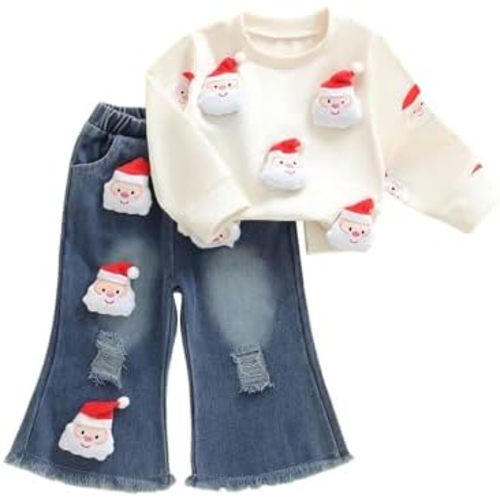 FYBITBO Toddler Baby Girl Clothes Fall Winter Baby Girl Outfit Floral Crewneck Sweatshirt Bell Bottom Jeans Pants Set