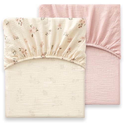 Bailix Heavyweight Muslin Baby Crib Sheets - 2PCS 52"x28" Neutral Fitted Crib Sheets for Boys Girls, Breathable Soft 100% Organic Cotton Standard Baby Mattress Sheet (Floral, Pink)