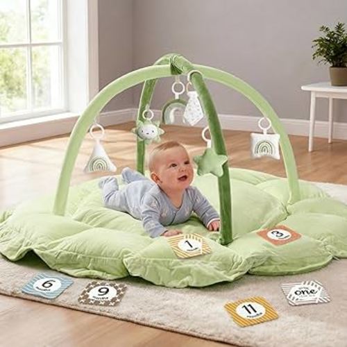 5-in-1 Thick & Plush Baby Play Gym, Baby Play Mats for Floor, Tummy Time Mat with 6 Toys, Convertible Stage-Based Developmental from Babies to Toddlers, Ball Pit, Green