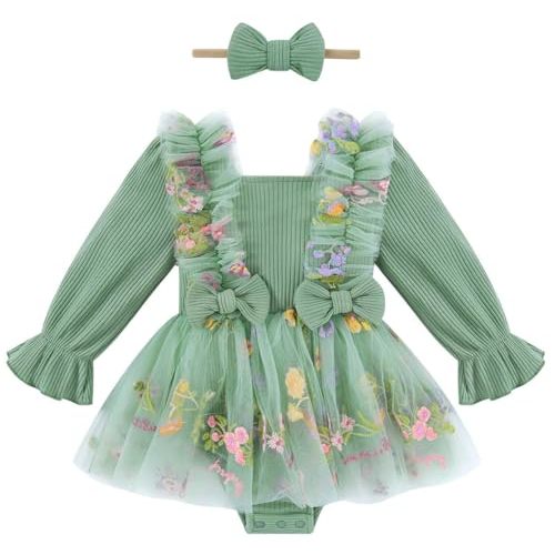 grehava Baby Girl Overall Embroiderry Dress Infant Tulle Skirt 0-18M Longsleeve Romper Infant Bodysuit
