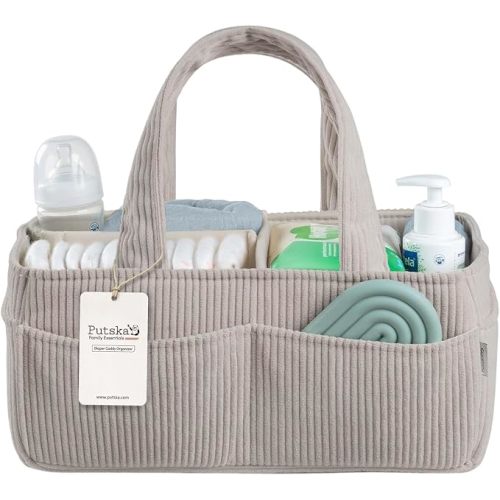 PUTSKA Baby Diaper Caddy Organizer for Changing Table – Stylish Nursery Storage Basket, Newborn Essentials, Baby Shower Gifts and Registry Must-Haves for Boy or Girl, Car Diaper Caddy, Corduroy Grey