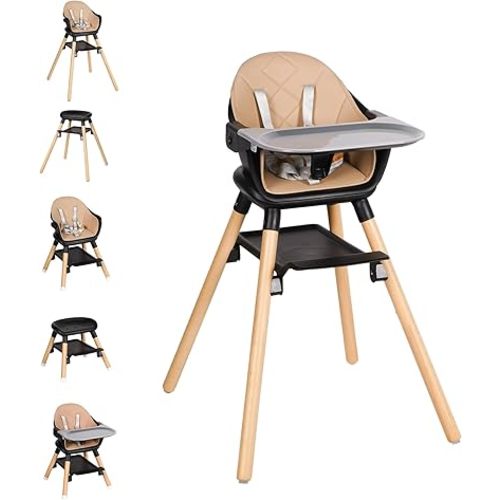 High Chair, 6 in 1 Wooden Convertible High Chairs for Babies and Toddlers, Booster Seat with Double Tray & Reversible Footrest Baby Highchair, 5-Point Harness Baby Feeding Chair, Black