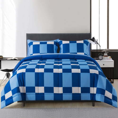 Mainstays 7-Piece Reversible Bed in a Bag with Laundry Tote, Blue Check, Full