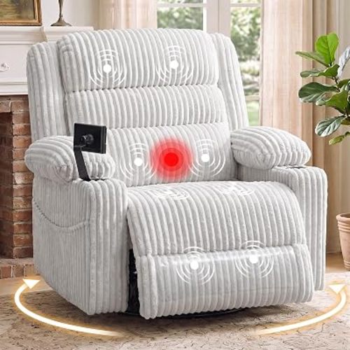 HUSFU Power Swivel Rocker Recliner with Massage & Heat, Corduroy, Pale Grey