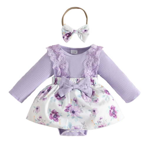 Karoyedx Baby Girl Fall Dress Baby Girl Clothes Winter Outfit Long Sleeve Romper Newborn Fall Suspender Skirt Set with Headband Light Purple Size,0-3 Months