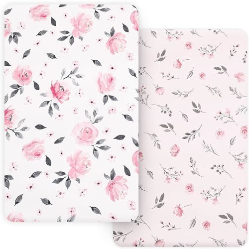 PHF Soft Crib Sheet Fitted, 2 Pack Baby Sheets for Girls, 28x52x9in Fits Standard Crib and Toddler Mattresses, Silky Comfy Breathable Polyester Baby Mattress Sheets, Pink Floral