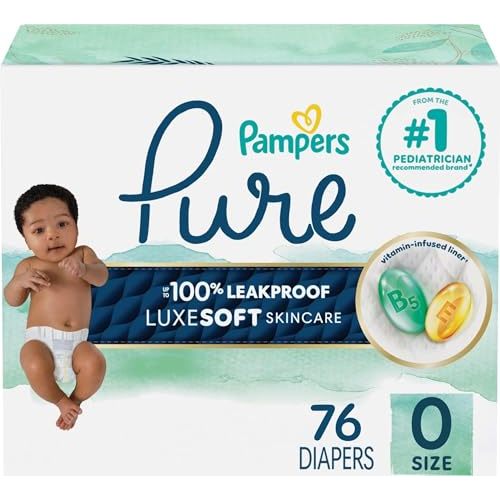 Pampers Pure Baby Diapers, Size 0 (>10 lbs), 76, Up to 100% Leakproof, Premium Hypoallergenic Soft Diapers