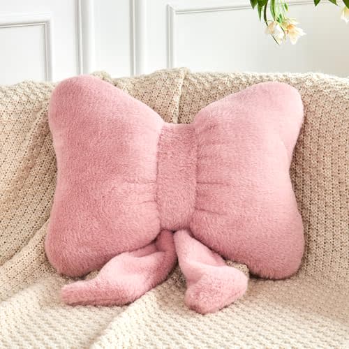 Dusty Pink Bow Pillow, Soft Bow Decorative Pillows with Faux Rabbit Fur, Cute 12" Bow Throw Pillows, Aesthetic Home Decor Bow Shaped Plush Pillow for Bedroom Sofa Couch