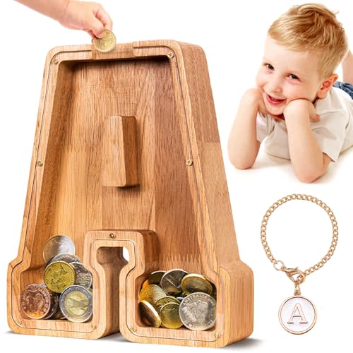 SummiDate Wooden Letter Piggy Bank for Kids| Piggy Bank for Boys Girls Toddler| Alphabet A Money Bank| Personalized Initial Wood Coin Bank Gifts for Birthday, Christmas, Festival, Baby Shower (A)
