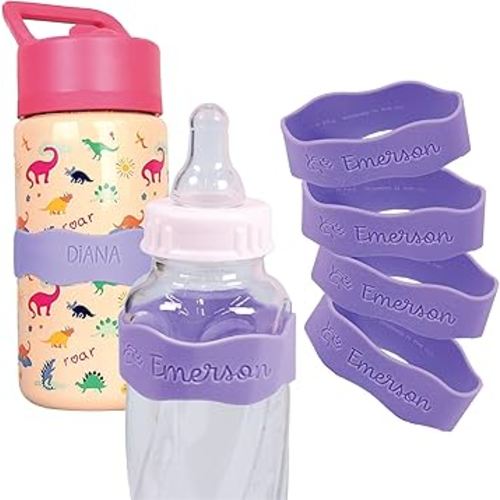 InchBug Orbit Labels Baby Bottle and Water Bottle Silicone Name Bands – Personalized Reusable Label Set for Daycare, Sippy Cups, Preschool, Elementary School, Dishwasher Safe, 4-Pack (Lavender Gelato)