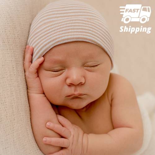 Tan Stripe Newborn Hat: Soft Knit 2-Ply Hospital Beanie