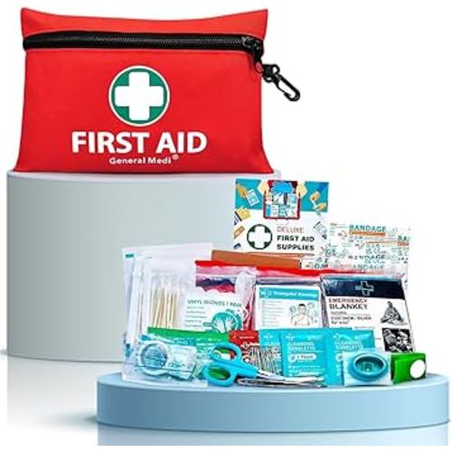 General Medi Mini First Aid Kit, 110 Piece Small First Aid Kit - Includes Emergency Foil Blanket, Scissors for Travel, Home, Office, Vehicle, Camping, Workplace & Outdoor (Red)