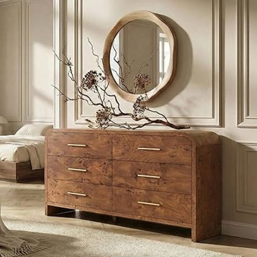 Curved 6-Drawer Dresser for Bedroom, 54" Wide Modern Chest of Drawers, Vanity Desk TV Stand for Living Room, Closet Storage Drawers Organizer Furniture, Nursery, Dark Burl