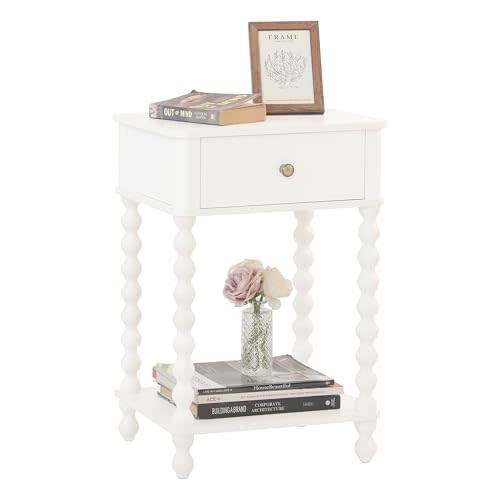 AWASEN White Nightstand, Small Side Table with Drawer for Living Room, Farmhouse End Bedside Table with Spindle Wood Legs for Bedroom, Office, White