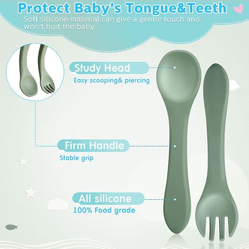 Nuenen 6 Pieces Silicone Baby Feeding Forks and Spoons Set Hot Safety First Stage Self Feeding Supplies Mini Kids Utensils for over 6 Months Babies Boy Girl Toddlers First Foods (Princess Color)