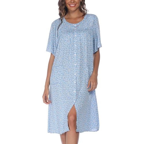 COSUNIONY House Dresses for Women Cotton Short Sleeve House Coat Buttons Down Dusters Robe with Pockets S-XXL