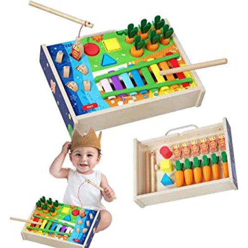 4 in 1 Montessori Wooden Hammering Toys with Xylophone,Fishing Game,Shape Sorter,Carrot Harvest for Learning Developmental Toys Toddler 3-5 Activities Gift