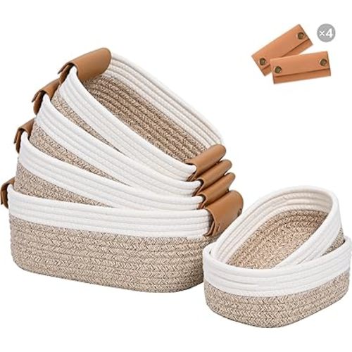 Storage Baskets for Organizing, Small Woven Basket Set of 6-4 Shelf Basket with Leather Handle and 2 Small Gift Baskets, Cotton Rope Basket for Shelves, Nursery, Dog Toy, Bathroom