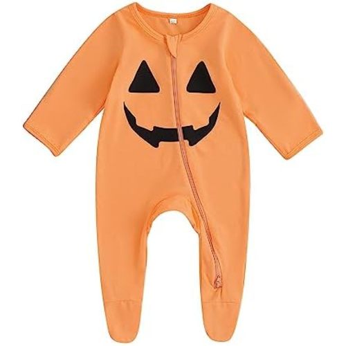 FIOMVA Unisex Halloween Baby Girl Boy Footed Onesie Zip Up Romper Pumpkin Print Footie Zipper Onepiece for Newborn Infant
