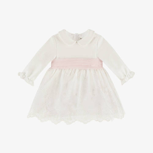 Mayoral Newborn 1-2M - Girls Ivory Jersey & Embroidered Voile Dress with Pink Sash | Childrensalon