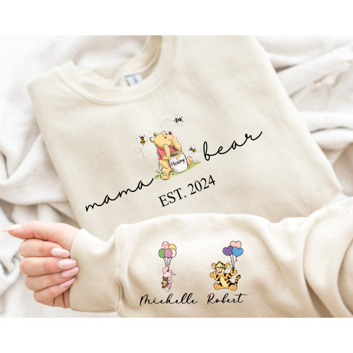 Custom Mama Bear Hoodie and  Sweatshirt, Mother Day Gift, Winnie the Pooh Mothers Days Gift, Mama Est with Kid Name on Sleeve Classic