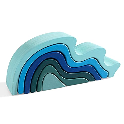 Wooden Rainbow Stacking Toy, Water Wave Elements Wooden Stacker, Various Shapes Nesting Stacking Blocks, Waldorf & Montessori Open-Ended Education Toy for Kids/Toddlers