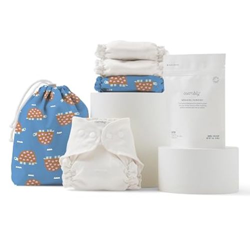 Esembly Try-It Kit, Cloth Diaper Starter Set, Turtle, Size 1 (7-18lbs) | Starter Bundle for Cloth Diapering - 3 Organic Cotton Inners, 1 Waterproof Outer, 1 Ditty Bag and 12oz Laundry Washing Powder