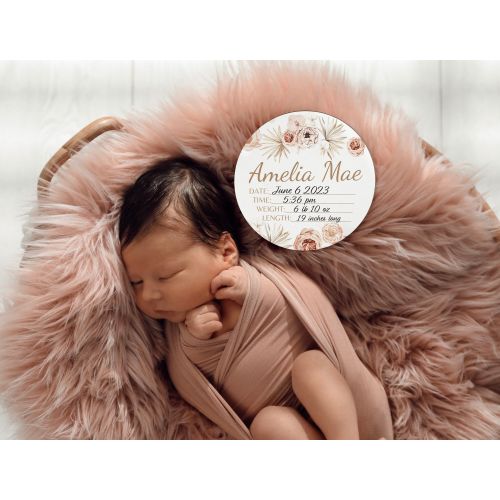 Baby Stat Sign - Floral Custom Round Wood Baby Name Sign Wooden Baby Name Announcement , Girl Personalized Shower Gift Swaddle Hat Headband