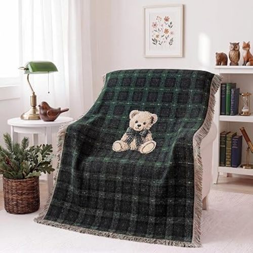 Fanfanwin Plaid Bear Woven Blanket Tartan Green Reversible Cotton Throw Blanket 37 x 52 in Chenille Knitted Bear Tapestry with Tassels Home Decor for Couch Sofa Bed Nursery Baby Shower