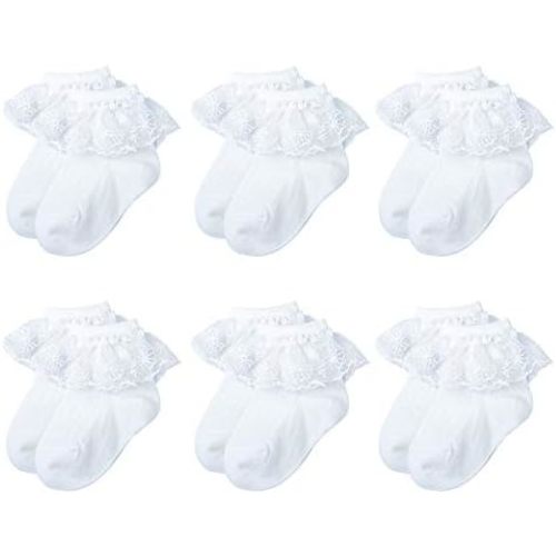 6 Pairs Baby Girls Socks - Newborn Ruffle Lace Princess Frilly Knit Cotton Socks