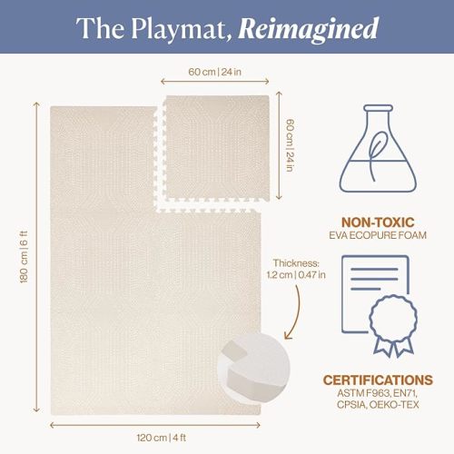Toddlekind Playmat - Premium Foam Playmat, 4 x 6 feet, 6 Tile Extra Thick Foam Floor Puzzle Mat for Babies/Toddlers Stylish, Non-Toxic, Odorless. Perfect for Tummy Time, Crawling, & Play. 0m+ (Cream)