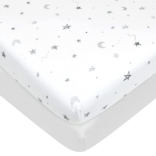 American Baby Company 2 Pack 100% Natural Cotton Fitted Pack and Play Sheets 39" x 27" - Soft & Breathable Pack N Play Sheets for Playard & Mini Crib Mattress, Gray Star and White, for Boys & Girls