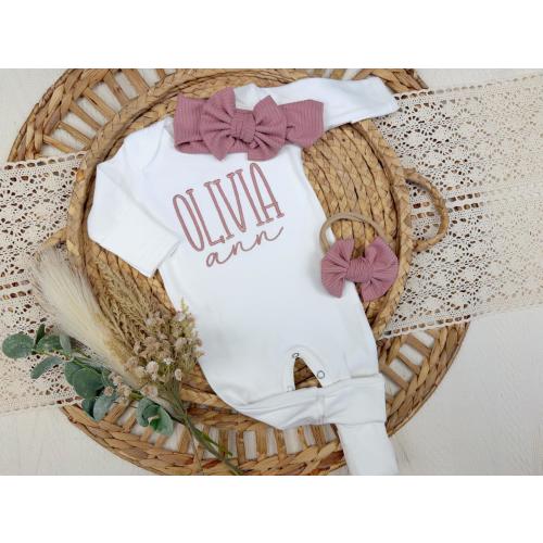 Personalized newborn coming home outfit for baby girl, Custom baby footie, white