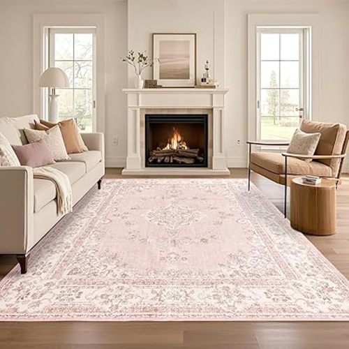 8x10 Area Rugs Washable: Oriental Soft Area Rug for Living Room Bedroom No Shedding - Low Pile Thin Carpet Rug for Dining Room Non Slip - Boho Vintage Rug for Home Decor - Soft Pink