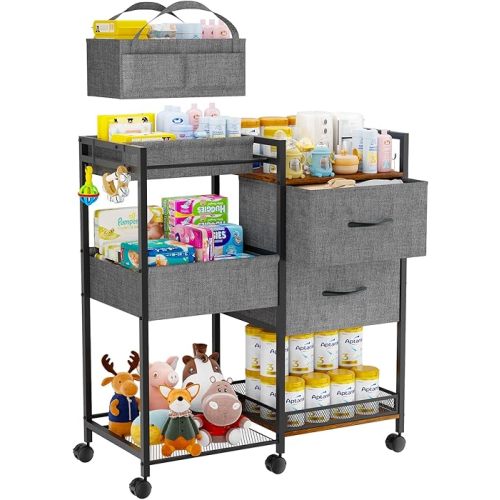Baby Storage Cart with Drawers, Baby Diaper Caddy Organizer with Removable Dividers, Baby Closet Organizer, 2In1 Rolling Cart for Nursery Essentials & Baby stuff