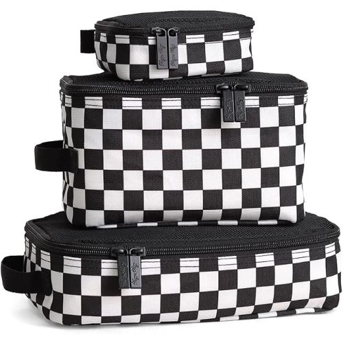 Itzy Ritzy Packing Cubes for Travel – Set of 3 Packing Cubes or Travel Organizers; Each Cube Features a Mesh Top, Double Zippers and a Fabric Handle (Black & White Checkerboard)