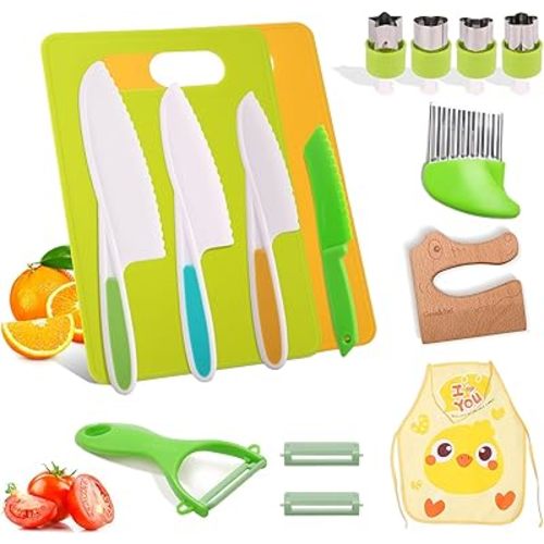 16PCS Kids Cooking Sets Real Montessori Kitchen Tools for Toddlers - Kids Knife Set for Real Cooking with Child-Friendly Plastic, Montessori Toys for Age 3-10 Year Old Girl Boy Gift