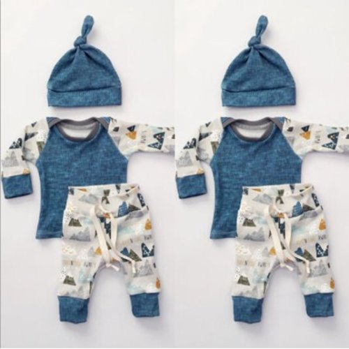 Newborn Infant Baby Girl Boy Long Sleeve T-shirt Tops+Pants Hat 3pcs Outfits Set Clothes - blue