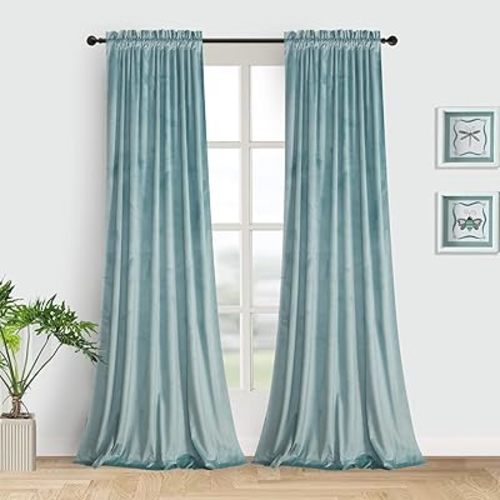 Roslynwood Velvet Eggshell Blue Curtain 63 inch Length - Curtains Block Light Rod Pocket Thermal Insulated Window Drapes Set for Living Room/Bedroom/Dining Room, W52 x L63, 2 Panels