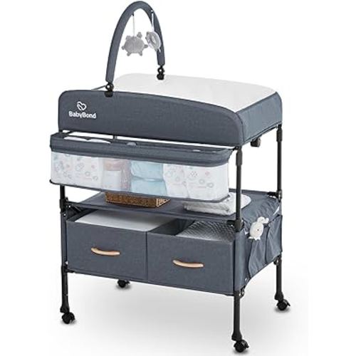 Portable Baby Changing Table with 2 Storage Baskets, BabyBond Foldable Changing Table Dresser Waterproof Diaper Changing Table Height Adjustable Changing Station for Infant and Newborn(Grey)