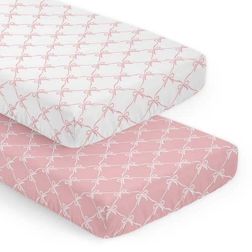 Sweet Jojo Designs 2-Piece Baby Crib Sheets Set (Pink and White Bows) for Girls, Infant Nursery, Toddler Room - Fitted, Standard Size (Blush Bow for Shabby Chic, Ballet, Princess Ballerina Collection)