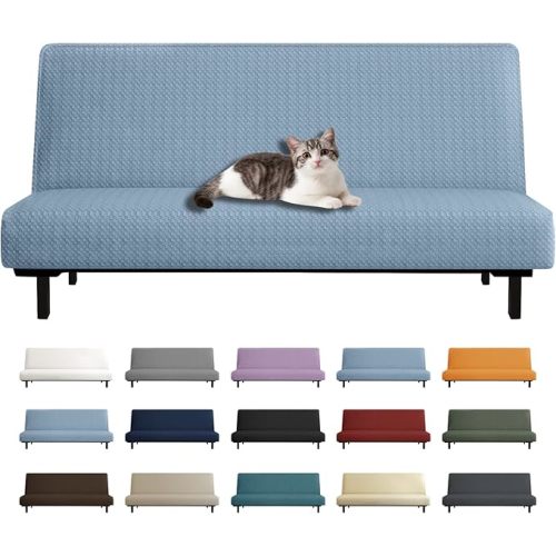 YEMYHOM Futon Cover Latest Jacquard Design High Stretch Armless Sofa Bed Slipcover Anti-Slip Furniture Protector with Elastic Bottom (Futon, Light Blue)