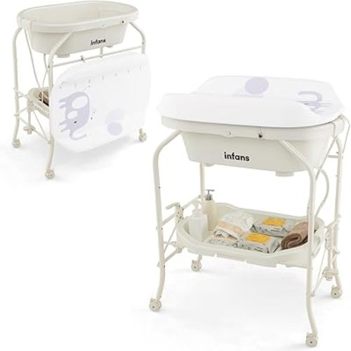 INFANS 2 in 1 Baby Changing Table with Bath Tub Unit, Folding Diaper Dresser Station with Wheels Waterproof Pad Storage Rack, Portable Nursery Organizer Stand for Newborn Infant (White)