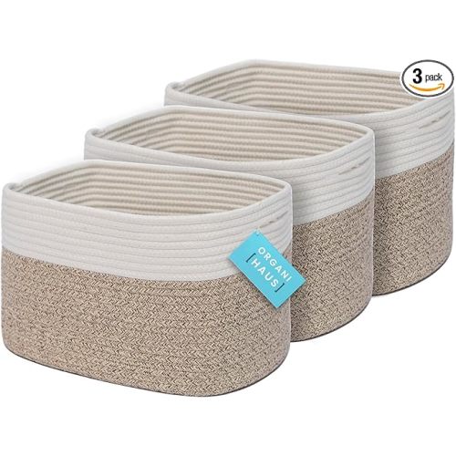 OrganiHaus Rope Baskets for Shelves - Set of 3 Woven Storage Baskets for Organizing, Closet & Toy Storage - Brown/Off-White - 15x9x10