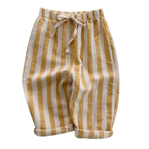Boys' Cotton Linen Harem Bloomers Pants for Baby Toddler Striped Bloomer Elastic Basic Harem Pants Joggers 12-24 Months Yellow