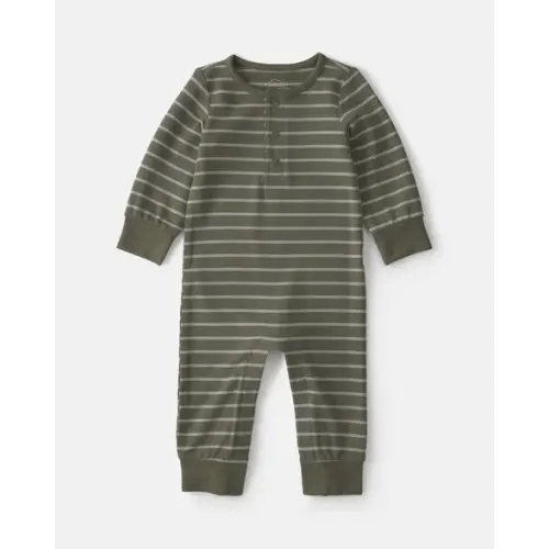 Baby Boy Striped PurelySoft™ Long-Sleeve Jumpsuit - Olive Green | Carter's
