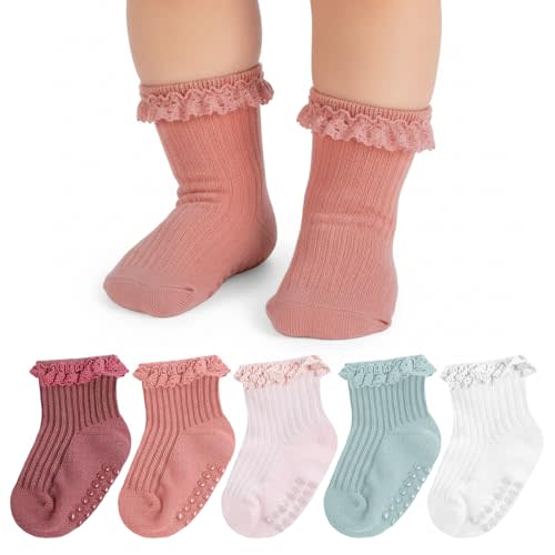 5 Pairs Baby Girl Ruffle Socks, Non Slip Grip Socks - Cotton Infant Ankle Sock for 0-12 Months Newborn Toddlers (White, Pink, Peach, Purgundy, Green)